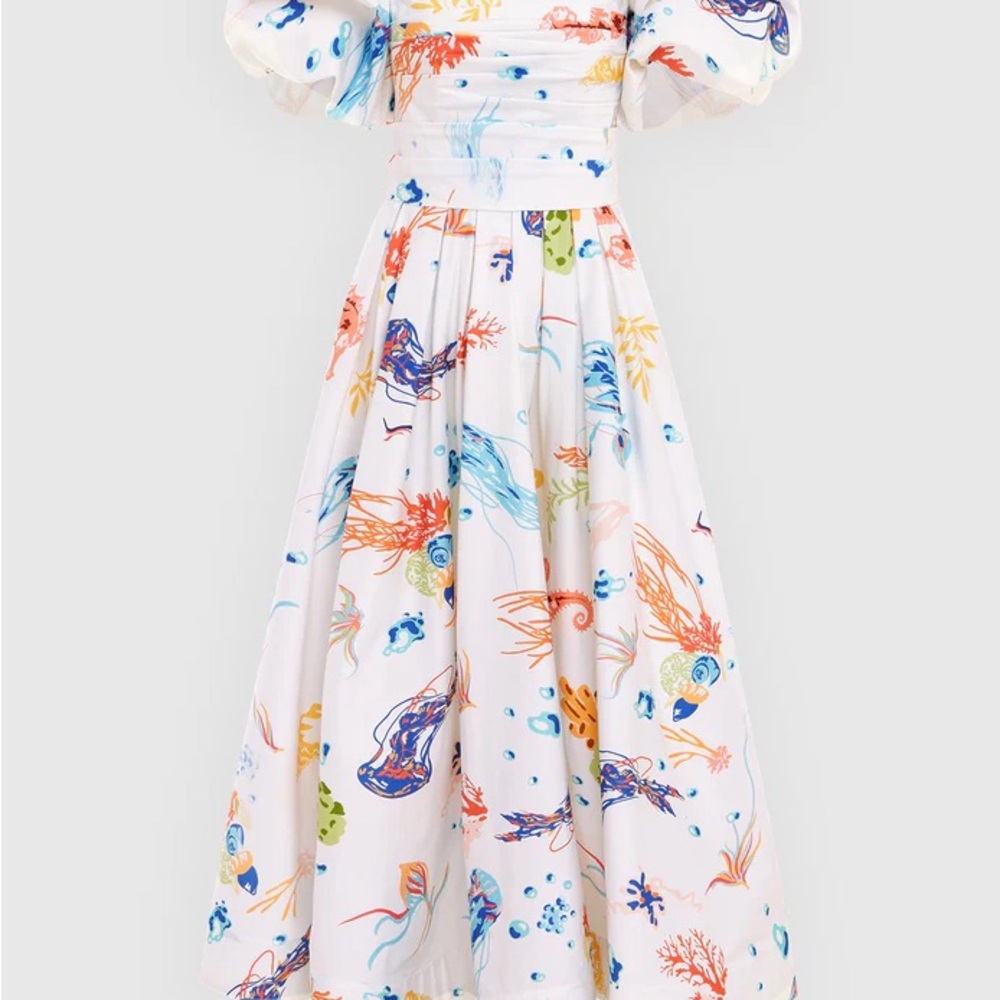 Matilda Puff Sleeve Midi Dress (Twilight Print in White)